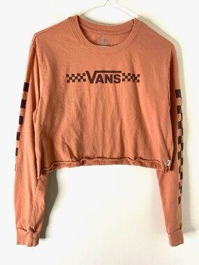 Vans Orange Cropped Long Sleeve Crew Neck Tee Checkered Sleeve Graphic